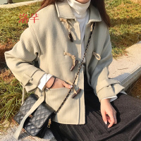 洛芊时尚韩版女装百搭春季新款翻领显瘦短款袖系带牛角扣纯色上衣外套