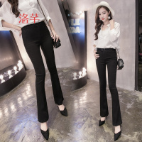 洛芊2018春季新款高腰修身显瘦微喇叭牛仔裤女九分裤复古港味喇叭裤潮