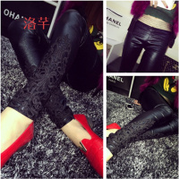 洛芊小裤脚铅笔春装秋冬季靴裤显瘦打底裤外穿2016新皮裤女式修身蕾丝