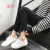 洛芊春秋新款外穿黑色开叉小脚裤九分打底裤女士薄款高腰显瘦铅笔长裤