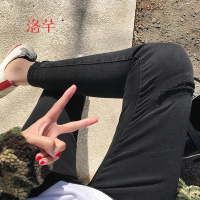 洛芊脚口毛边破洞黑色小脚牛仔裤女2018春季韩版弹力显瘦修身打底裤子
