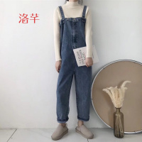 洛芊春装韩版抹胸吊带高腰连体裤宽松九分阔腿裤学生牛仔裤背带裤女