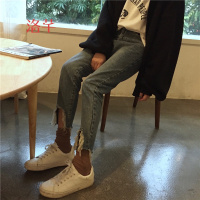 洛芊春季韩国个性时尚裤脚破洞须边牛仔裤女百搭水洗直筒裤学生九分裤