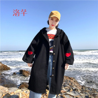 洛芊嘻哈少女外套春韩版学生宽松百搭中长款刺绣牛仔衣开学季连帽上衣