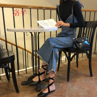 洛芊春装新款韩版宽松显瘦毛边阔腿裤吊带连体裤 九分牛仔裤背带裤女