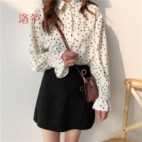 洛芊翻领波点衬衫女春装新款韩版宽松显瘦百搭松紧喇叭袖雪纺衫上衣