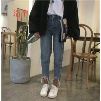 洛芊直筒裤破洞须边牛仔裤女春季新款韩版百搭显瘦毛边不规则九分裤