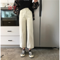 洛芊复古高腰中线牛仔裤女春季新款韩版宽松显瘦百搭纯色阔腿裤九分裤
