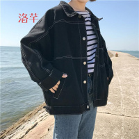 洛芊复古Polo领长袖牛仔衣外套女春装新款韩版宽松显瘦百搭纯色上衣