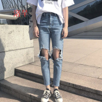 洛芊做旧破洞牛仔裤女2018春季新款韩版高腰显瘦百搭九分裤乞丐直筒裤