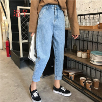 洛芊高腰卷边撕边牛仔裤女2018春季新款韩版显瘦百搭纯色九分裤直筒裤