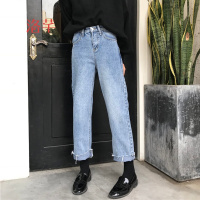 洛芊高腰卷边撕边牛仔裤女2018春季新款韩版直筒显瘦百搭直筒裤九分裤