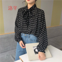 洛芊春装新款韩版复古波点蝴蝶结系带长袖衬衫女宽松灯笼袖上衣雪纺衫
