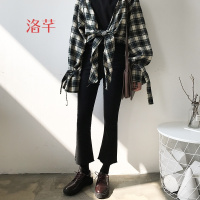 洛芊九分微喇叭裤女装2018春季新款时尚百搭黑色高腰牛仔裤学生潮裤子