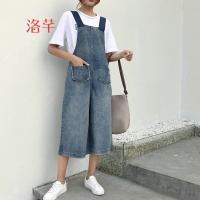 洛芊春季2018新款韩版高腰百搭拼接牛仔裤女宽松显瘦七分阔腿背带裤