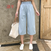 洛芊2018春装韩版新款女装松紧腰阔腿牛仔裤七分裤纯色学院风学生百搭