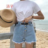 洛芊春装2018新款女装韩版学院风纯色高腰系带牛仔裤宽松阔腿裤短裤潮