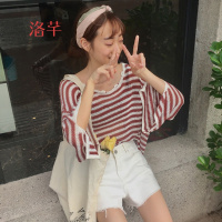 洛芊2018春装新款韩版学生女宽松显瘦百搭条纹袖口开叉九分袖针织上衣