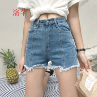 洛芊2018新款女装春装韩版百搭高腰宽松破洞铆钉阔腿裤毛边牛仔裤短裤