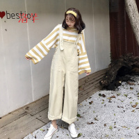 洛芊背带裤女宽松显瘦高腰牛仔裤春季新款韩版纯色百搭毛边休闲阔腿裤