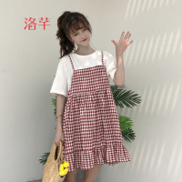 洛芊春装2018新款韩版女装学院风甜美小清新格纹吊带宽松娃娃裙百搭潮