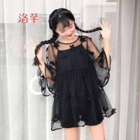 洛芊新款2018春装女装韩版复古休闲中袖透视网纱纯色罩衫+吊带两件套