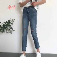 洛芊女装新款2018春装百搭韩版破洞修身显瘦七分裤牛仔裤直筒裤长裤潮