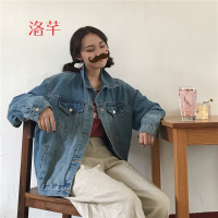 洛芊春装韩国复古百搭宽松牛仔衣显瘦POLO领长袖牛仔外套女学生上衣