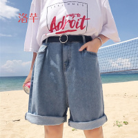 洛芊新款2018春装女装韩版高腰宽松五分裤卷边牛仔裤阔腿裤显瘦中裤潮