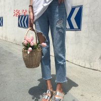 洛芊春装新款韩版bf风毛边破洞牛仔裤女显瘦高腰直筒裤宽松九分裤学生