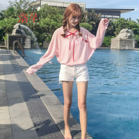 洛芊女装新款2018春装韩版学生连帽百搭宽松蝴蝶结长袖防晒衫外套上衣