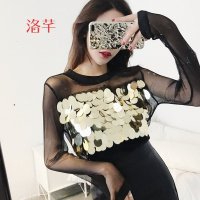 洛芊春装新款2018韩版女港味性感修身网纱内配裹胸拼接亮片上衣打底衫
