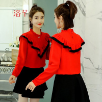 洛芊小清新木耳边雪纺衫女装长袖2018新款春季韩版甜美荷叶边套头上衣