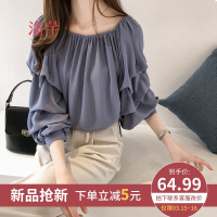 洛芊春季新款韩版气质一字领露肩雪纺衫女宽松泡泡上衣显瘦纯色打底衫