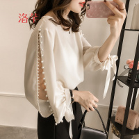 洛芊2018春装新款女装韩版钉珠蝴蝶结长袖雪纺衫女长袖上衣纯色打底衫