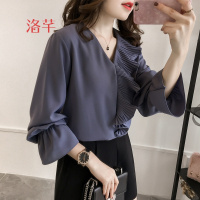 洛芊春季新款韩版气质百褶木耳边V领雪纺衫女宽松喇叭袖上衣打底衫潮