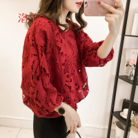 洛芊2018春季新款韩版灯笼袖钩花蕾丝衫女宽松显瘦背蝴蝶结上衣打底衫