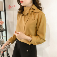 洛芊2018春季新款韩版气质系带蝴蝶结雪纺衫女长袖上衣宽松显瘦打底衫