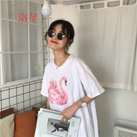 洛芊春装2018新款韩版彩色亮片印花t桖女宽松显瘦中长款上衣打底衫