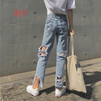 洛芊春装韩版宽松做旧破洞九分直筒裤显瘦高腰百搭牛仔裤女学生长裤潮