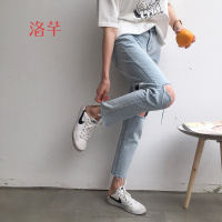 洛芊春装韩版宽松做旧毛边破洞九分直筒裤百搭高腰显瘦牛仔裤女长裤潮