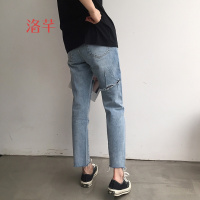 洛芊春装韩版宽松做旧撕边破洞九分直筒裤复古港风高腰牛仔裤女长裤潮