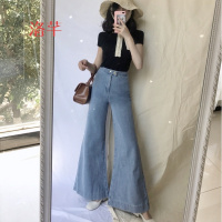 洛芊春装韩版宽松做旧复古水洗喇叭裤港风高腰百搭牛仔裤女学生长裤潮
