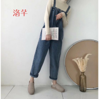 洛芊春装韩版水洗做旧宽松九分阔腿连体背带裤复古显瘦牛仔裤女学生潮