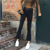 洛芊春装韩版修身弹力做旧毛边九分微喇裤潮显瘦复古港风高腰牛仔裤女