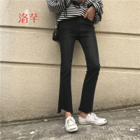 洛芊2018春装韩版宽松不规则撕边九分喇叭裤显瘦百搭高腰牛仔裤女长裤