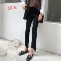 洛芊春装韩版修身不规则毛边做旧九分微喇裤显瘦港风高腰牛仔裤女长裤