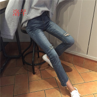 洛芊2018春装新款韩版修身高腰破洞九分微喇叭裤百搭显瘦复古牛仔裤女