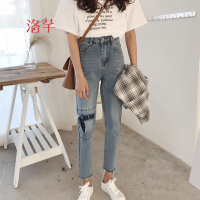 洛芊2018春季新款韩版宽松高腰显瘦破洞牛仔裤女学生百搭直筒裤长裤潮