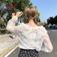 洛芊2018新款女装春装甜美学院风透视刺绣娃娃领蕾丝衫上衣+吊带背心